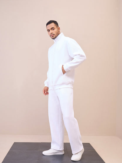 Men White Front Zipper Oversize Sweatshirt With Sweatpants