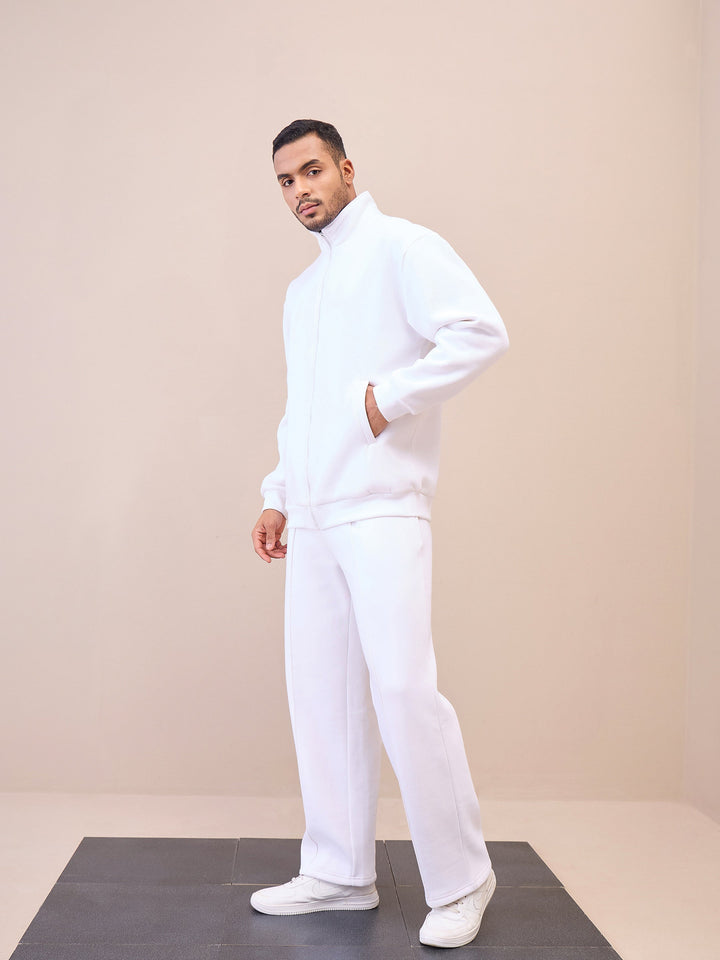 Men White Front Zipper Oversize Sweatshirt With Sweatpants