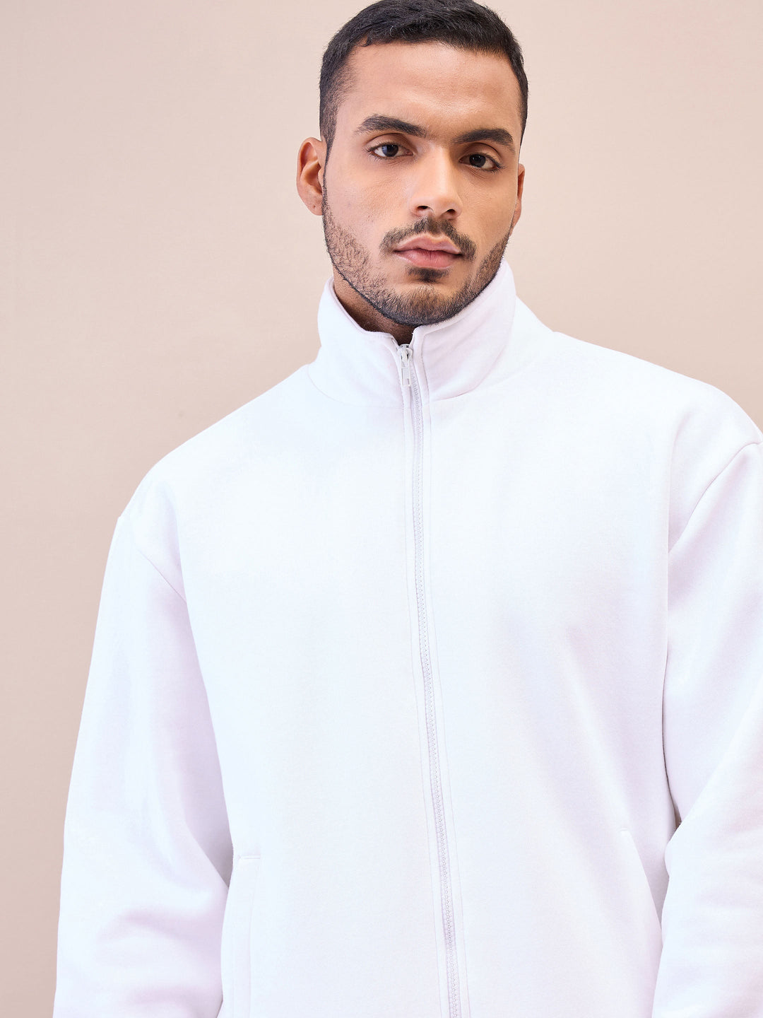 Men White Front Zipper Oversize Sweatshirt With Sweatpants