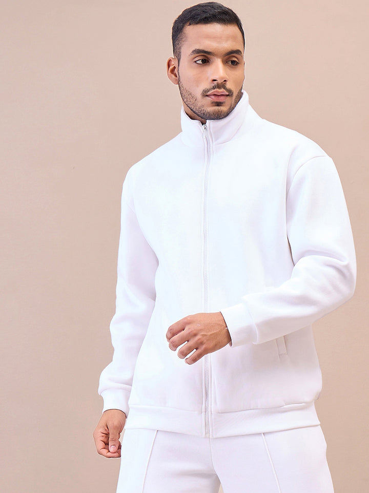 Men White Front Zipper Oversize Sweatshirt With Sweatpants
