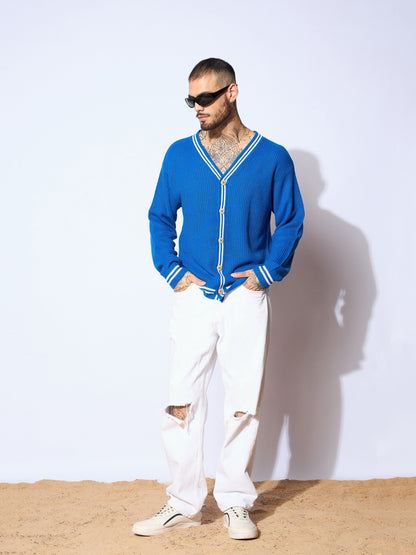 Men Unisex Blue & White Front Button Cardigan