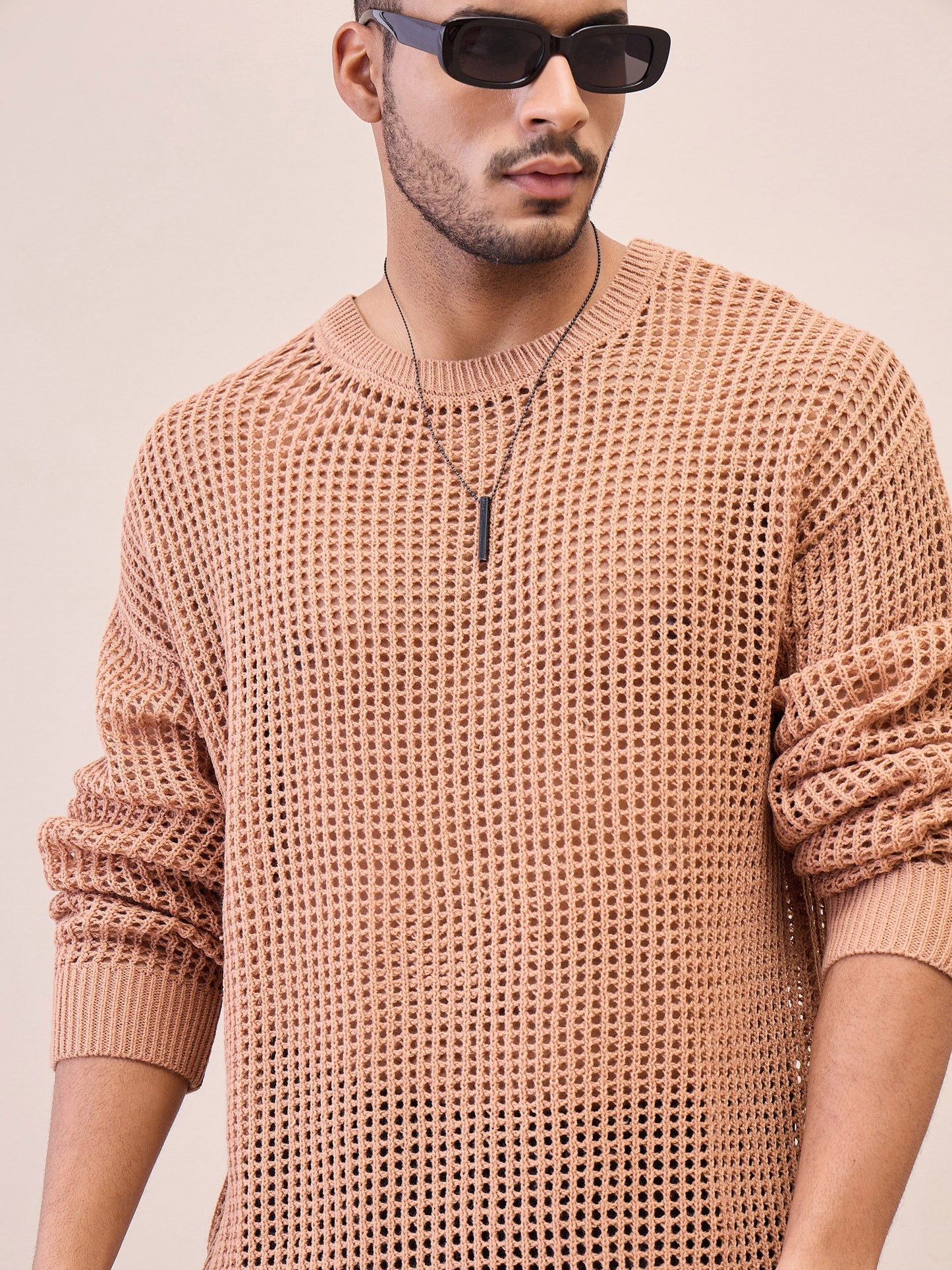 Men Unisex Beige Oversize Crochet Sweater