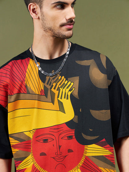 Unisex Black Printed Oversized T-Shirt