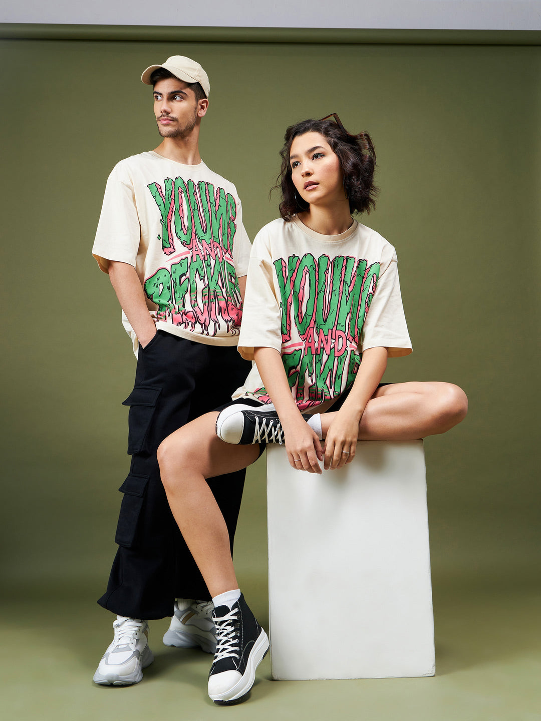Unisex Beige YOUNG &amp; RECKLESS Oversized T-Shirt
