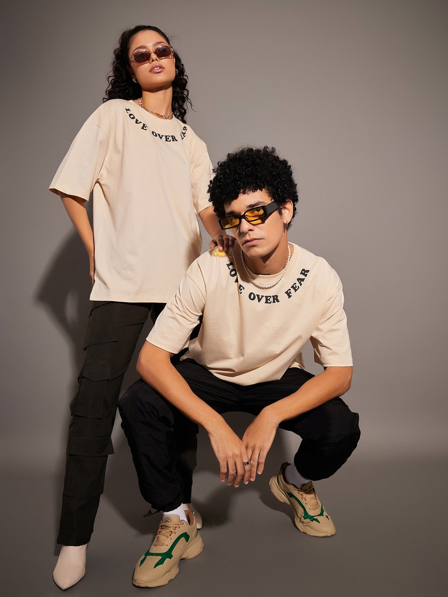 Unisex Beige LOVE OVER FEAR Oversized T-Shirt