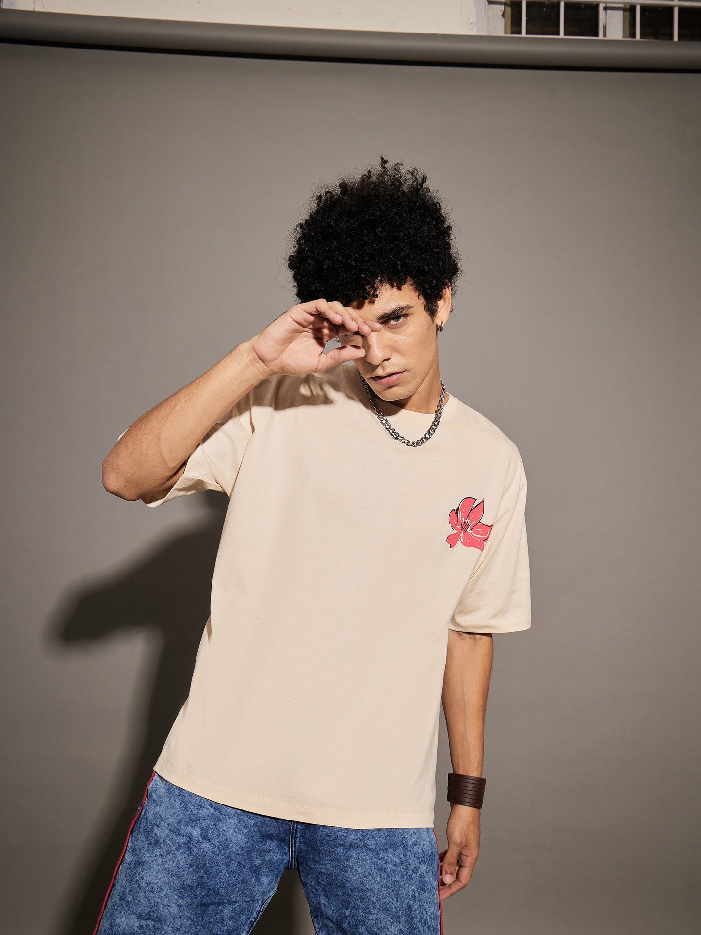 Unisex Beige True Floral Print Oversized T-Shirt