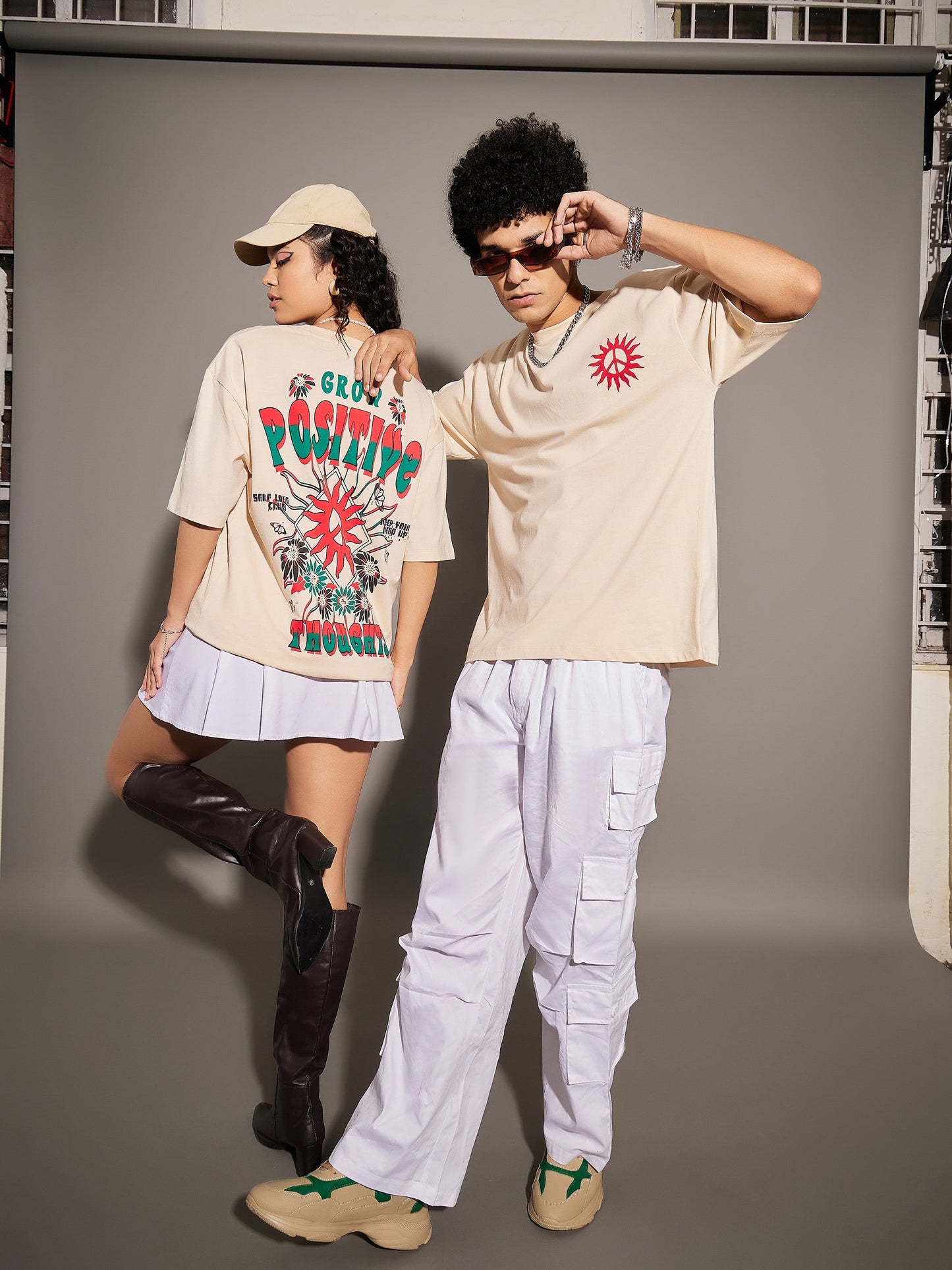 Unisex Beige GROW POSITIVE Oversized T-Shirt