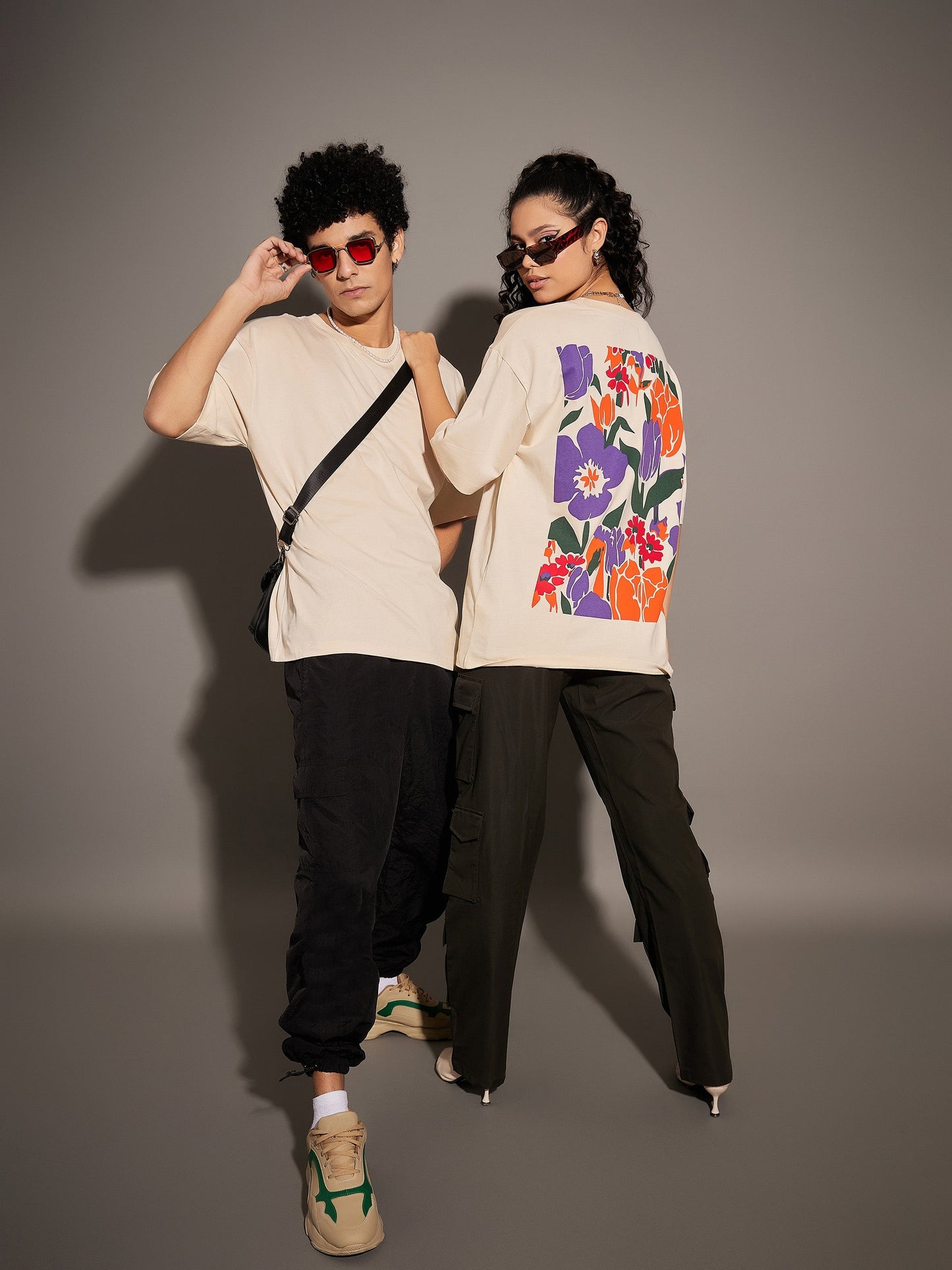 Unisex Beige Floral Back Print Oversized T-Shirt
