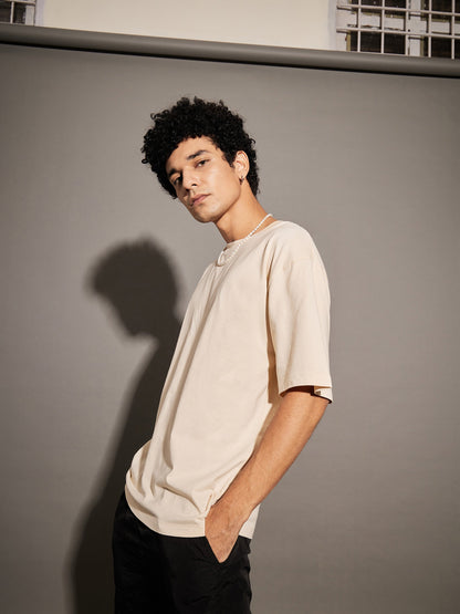 Unisex Beige Floral Back Print Oversized T-Shirt