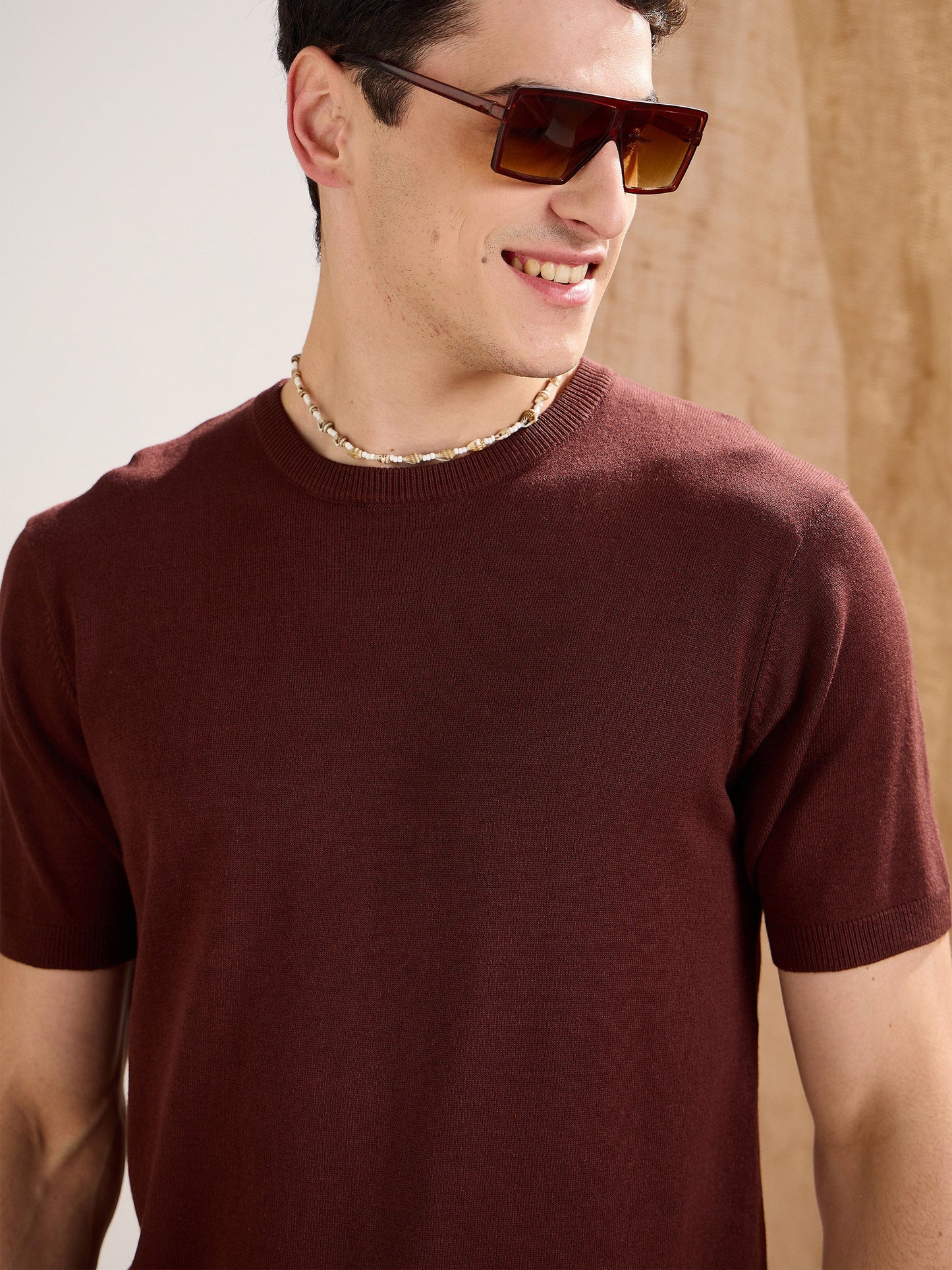 Men Brown Premium Loose-Knit T-Shirt