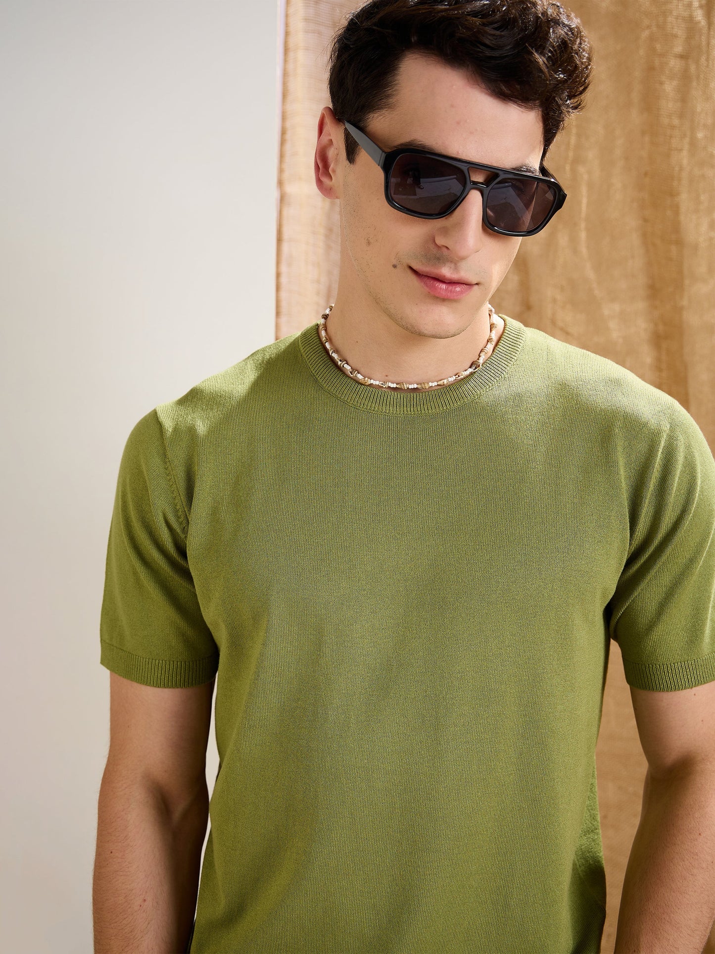 Men Olive Premium Loose-Knit T-Shirt