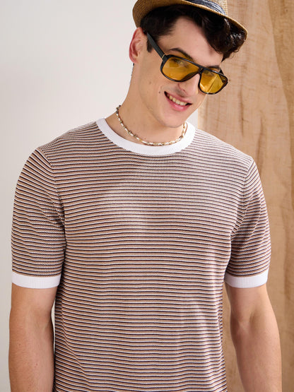 Men Beige & Brown Stripes Premium Loose-Knit T-Shirt