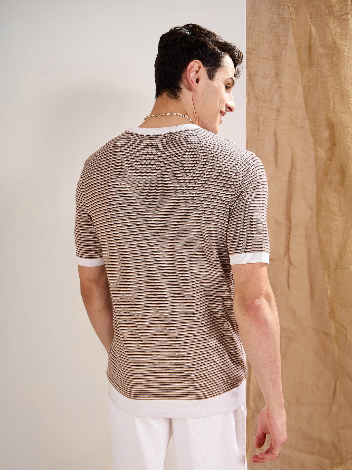 Men Beige & Brown Stripes Premium Loose-Knit T-Shirt