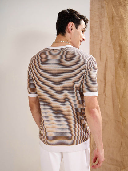Men Beige & Brown Stripes Premium Loose-Knit T-Shirt