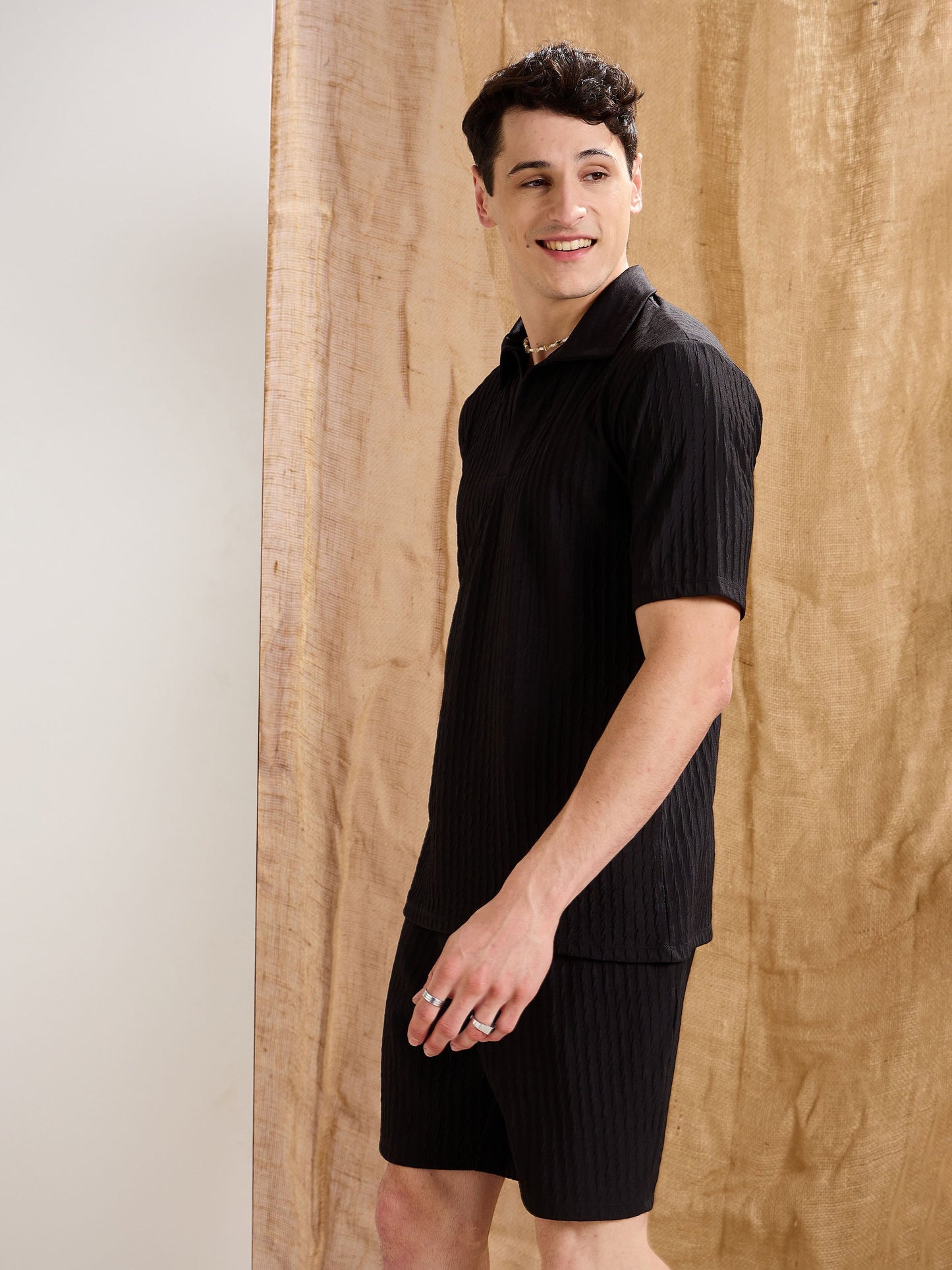 Men Black Textured Relax Fit Polo T-Shirt