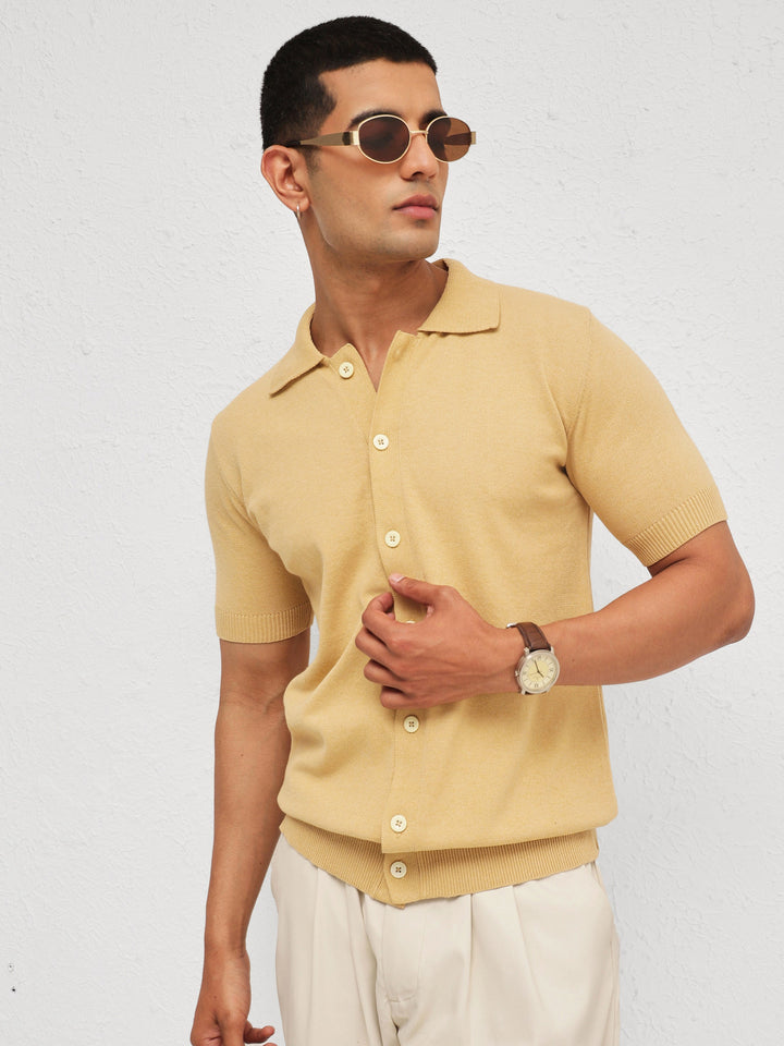 Men Beige Knitted Front Button Open T-Shirt