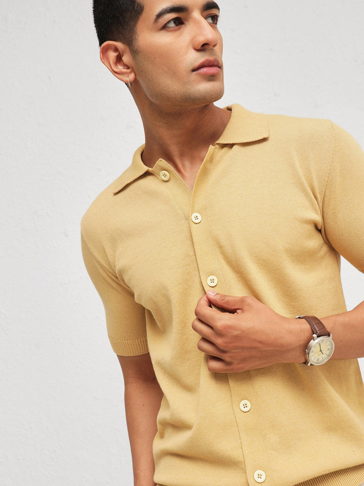 Men Beige Knitted Front Button Open T-Shirt