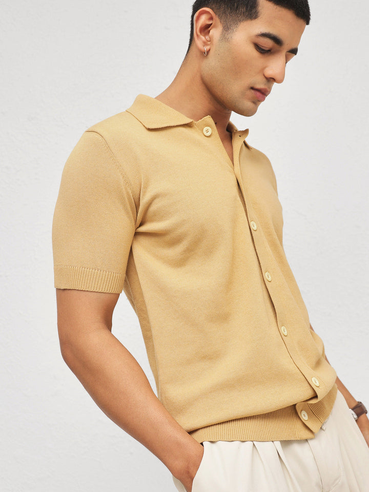 Men Beige Knitted Front Button Open T-Shirt