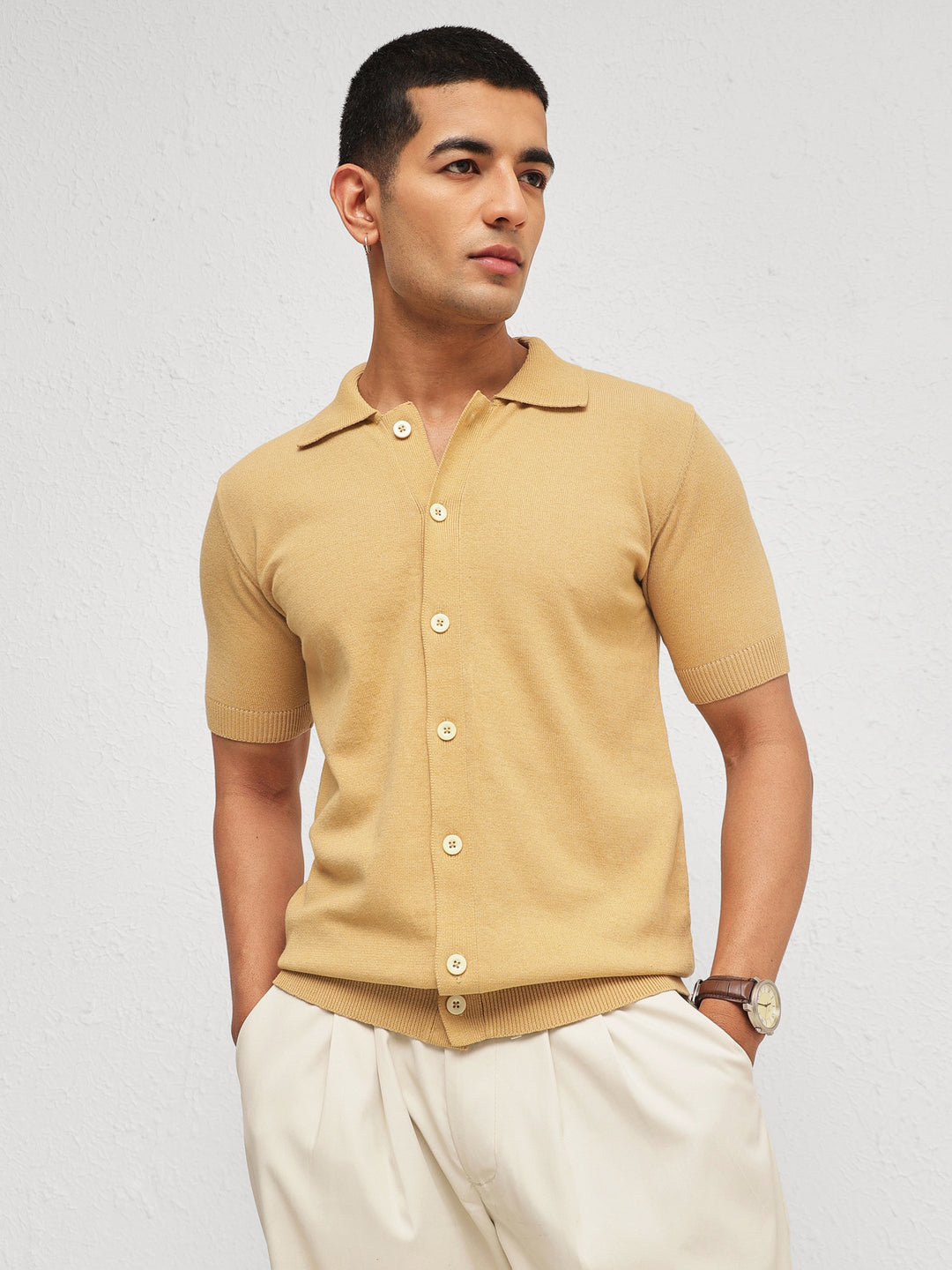 Men Beige Knitted Front Button Open T-Shirt