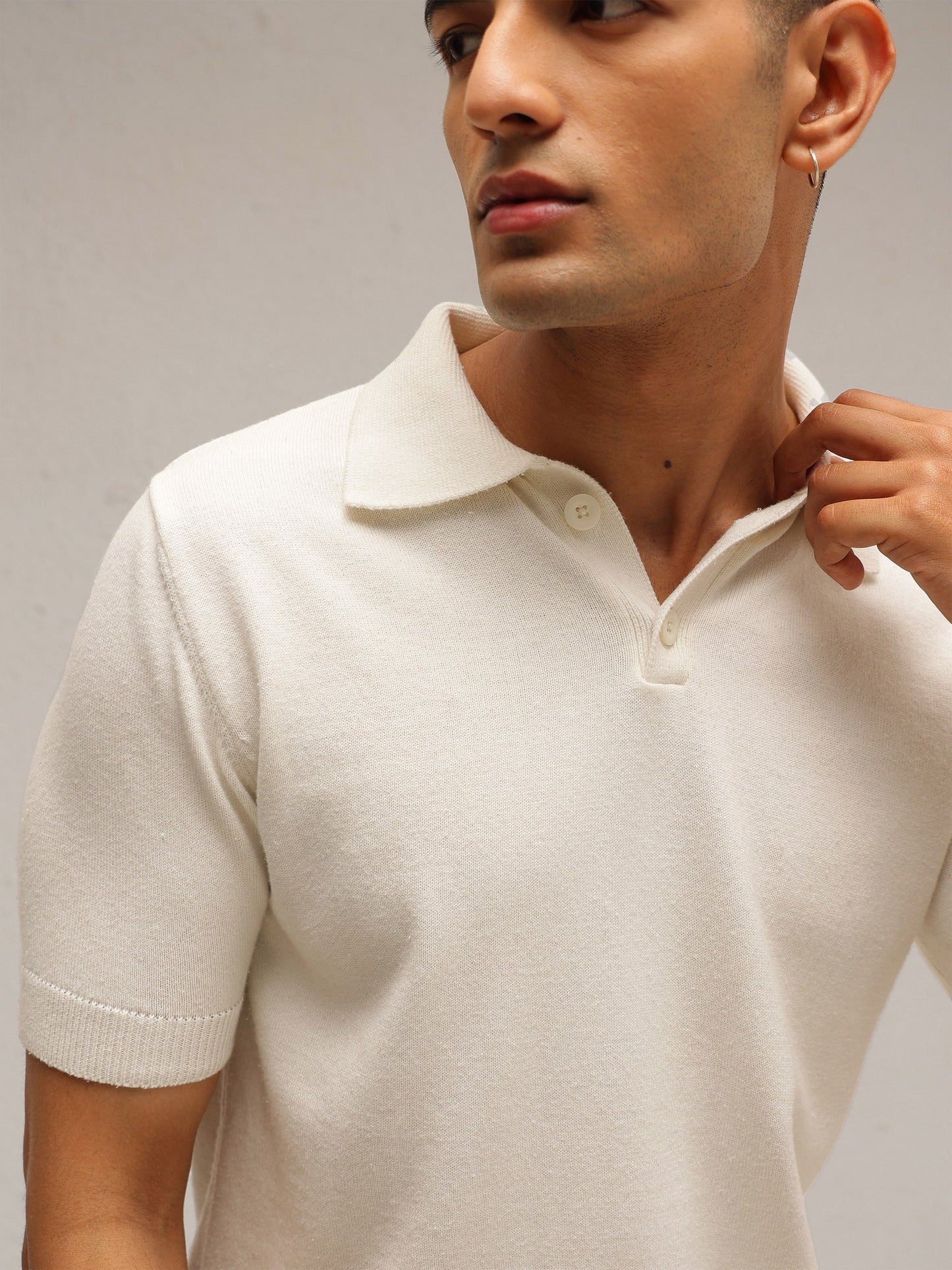 Men White Knitted Relax Fit Front Button Polo T-Shirt