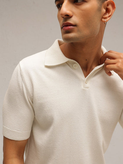 Men White Knitted Relax Fit Front Button Polo T-Shirt