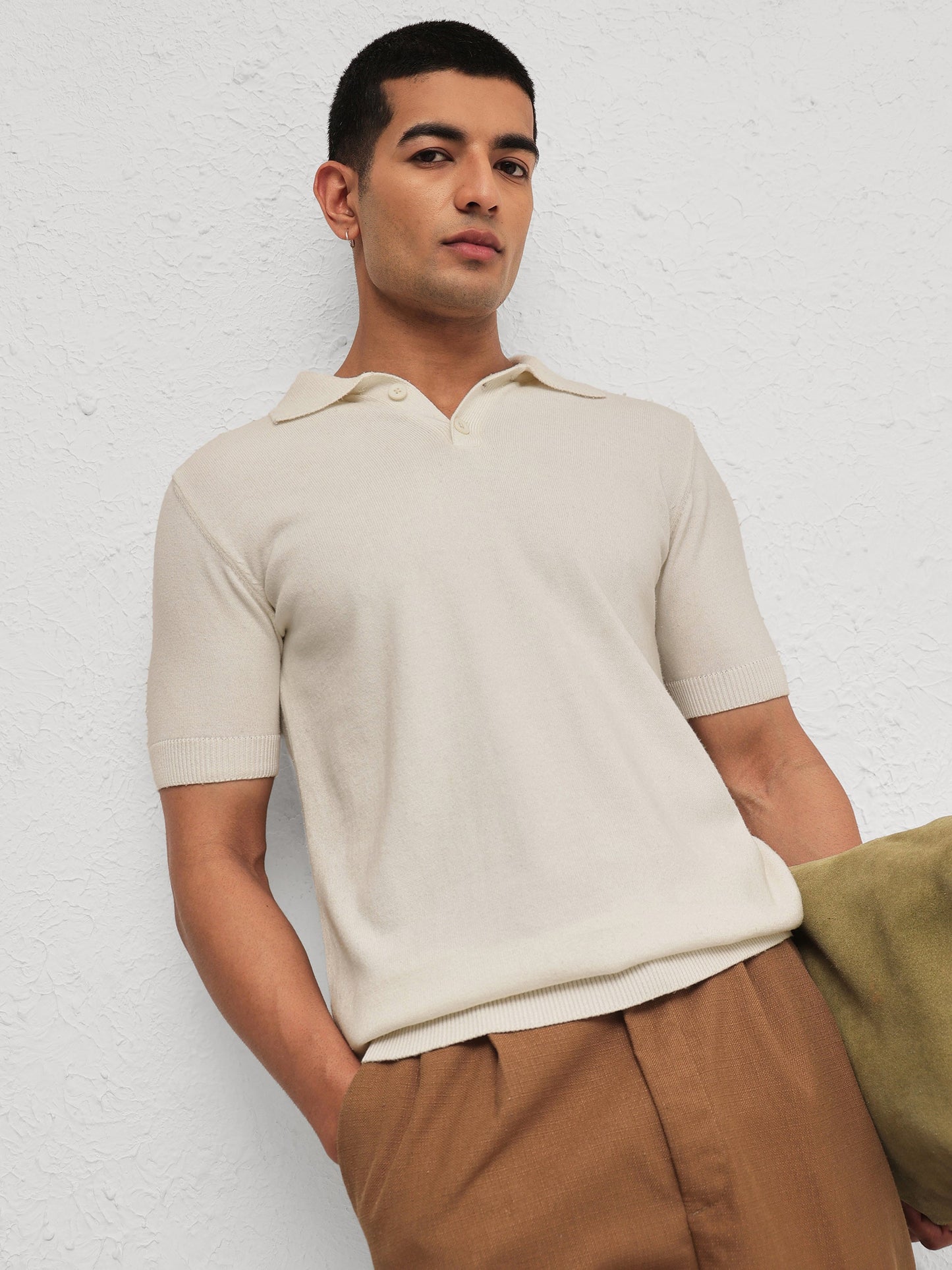 Men White Knitted Relax Fit Front Button Polo T-Shirt