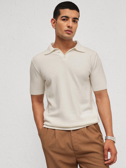 Men White Knitted Relax Fit Front Button Polo T-Shirt