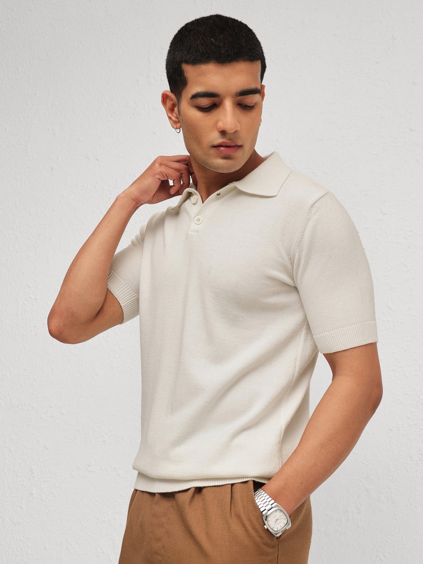 Men White Knitted Relax Fit Front Button Polo T-Shirt