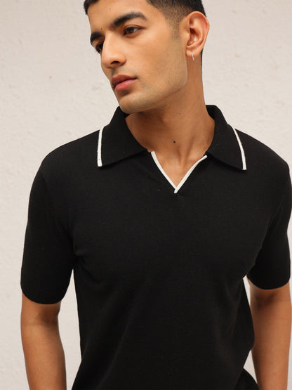 Men Black Knitted Relax Fit Polo T-Shirt
