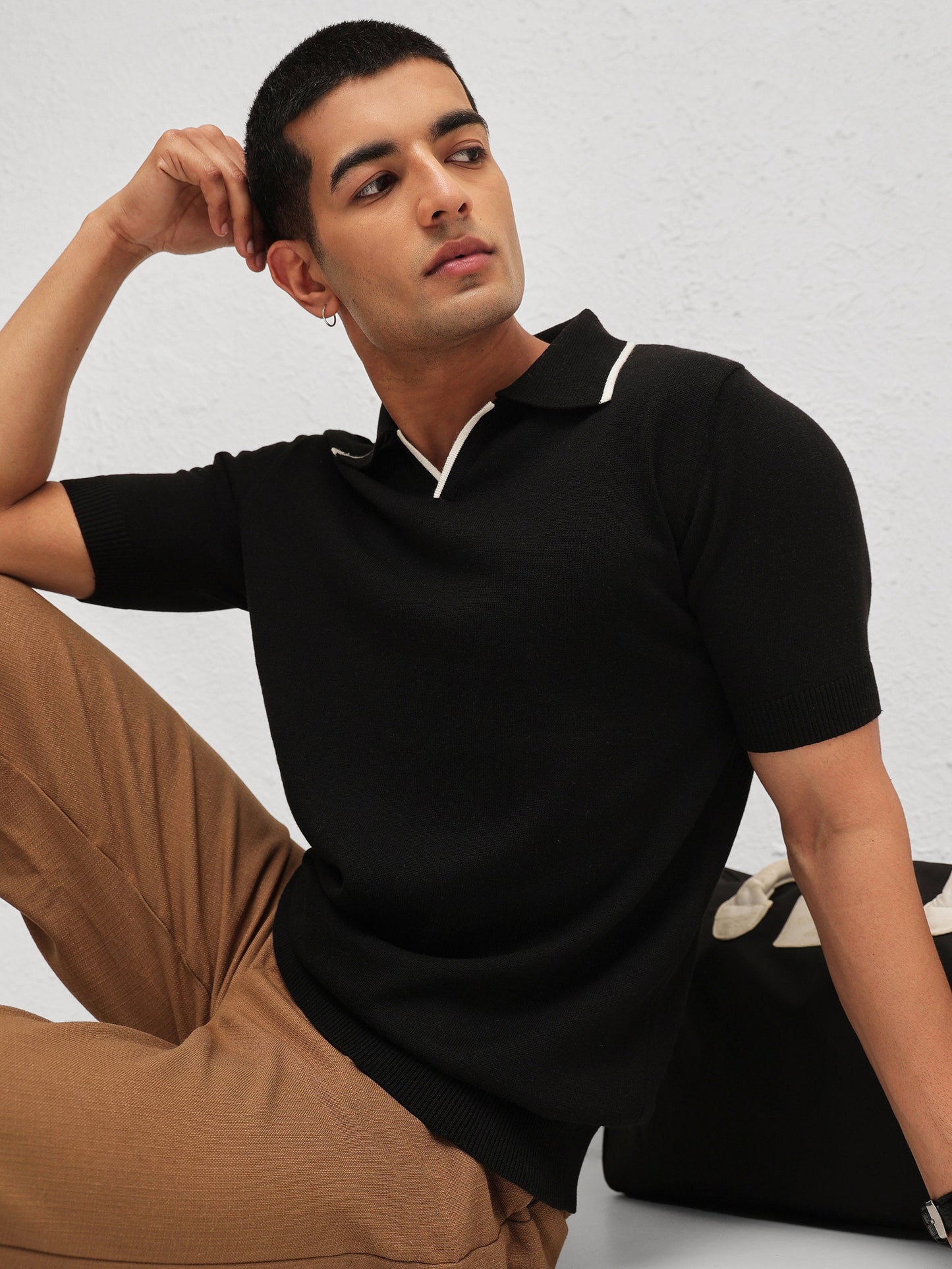 Men Black Knitted Relax Fit Polo T-Shirt