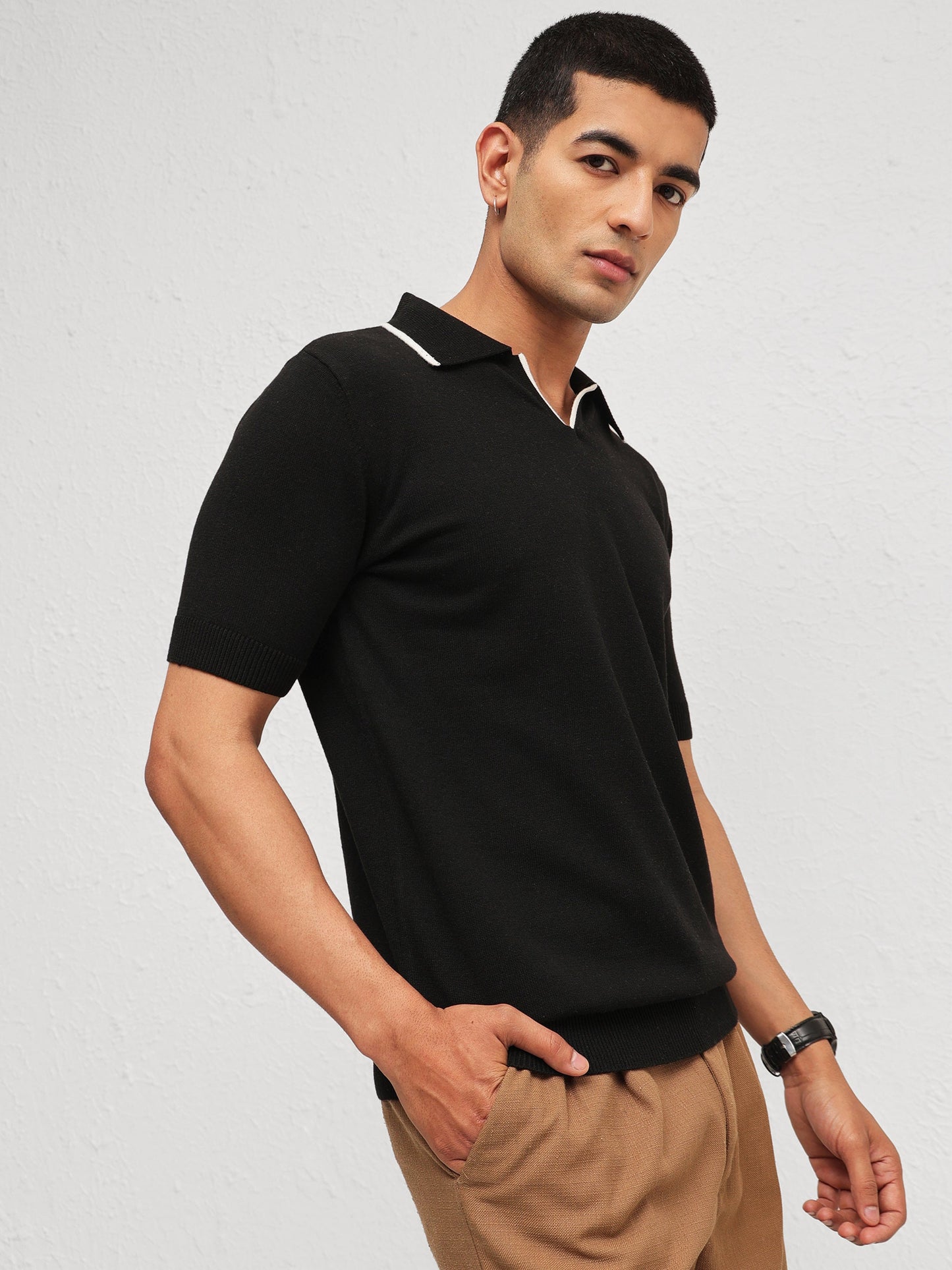 Men Black Knitted Relax Fit Polo T-Shirt