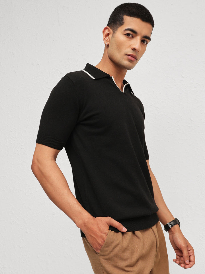 Men Black Knitted Relax Fit Polo T-Shirt