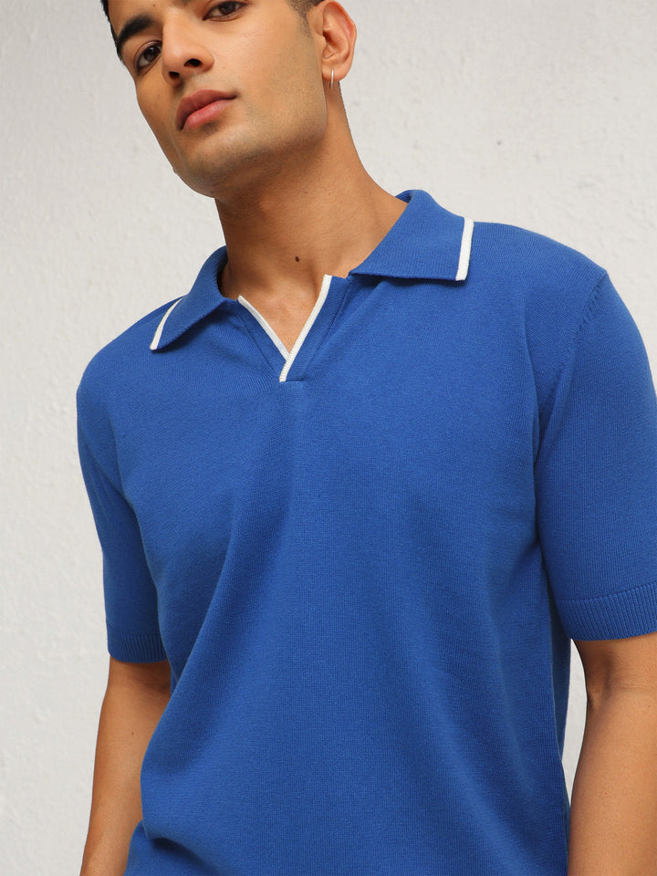 Men Blue Knitted Relax Fit Polo T-Shirt