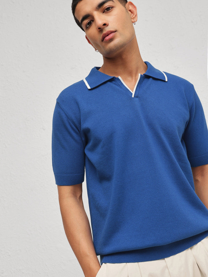 Men Blue Knitted Relax Fit Polo T-Shirt