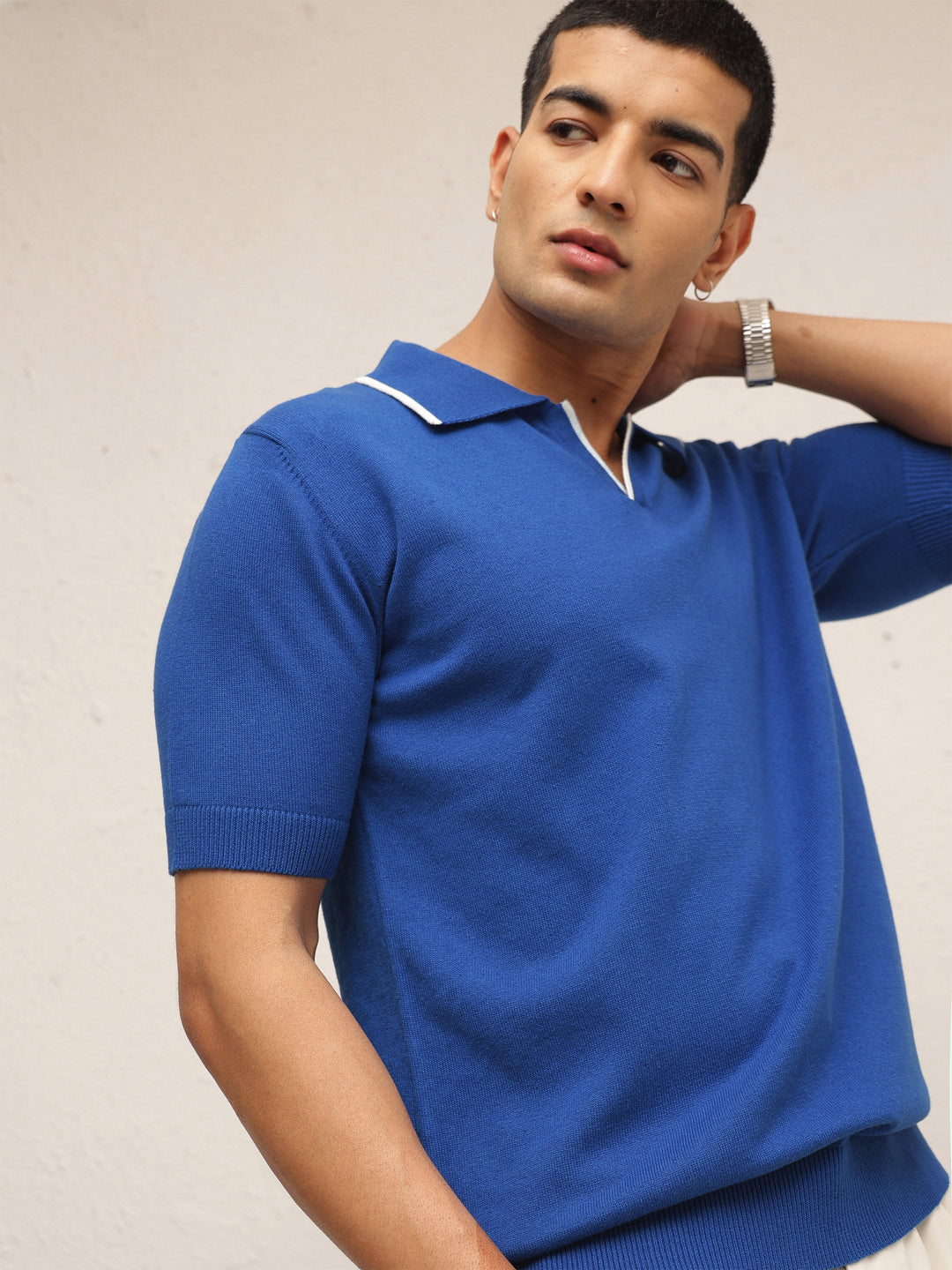 Men Blue Knitted Relax Fit Polo T-Shirt