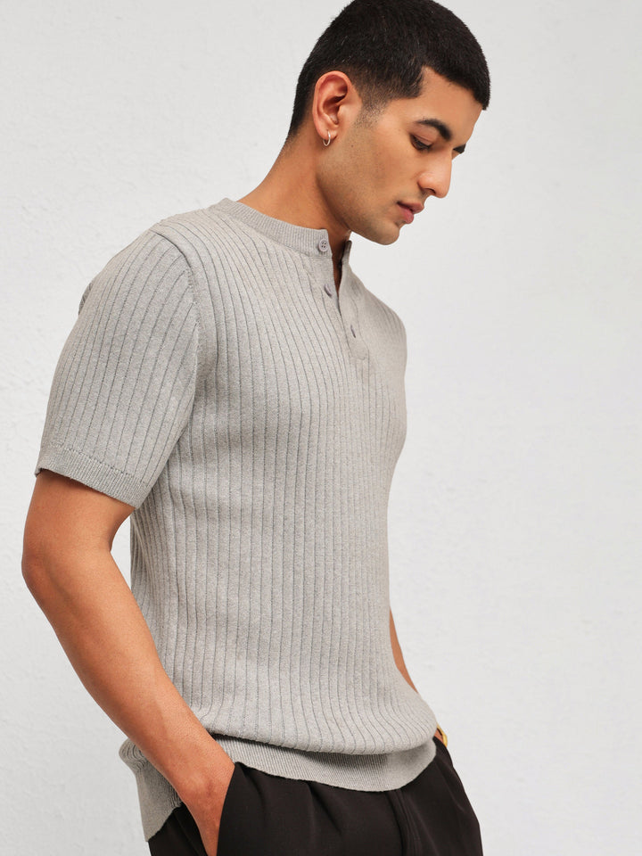Men Grey Rib Relax Fit Henley T-Shirt