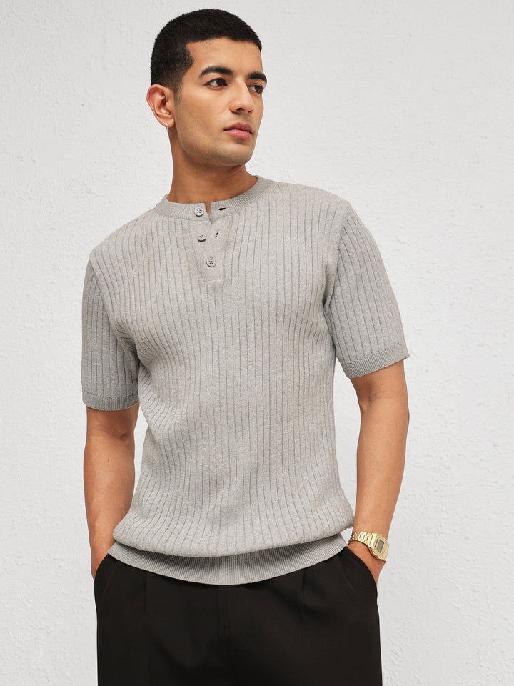 Men Grey Rib Relax Fit Henley T-Shirt