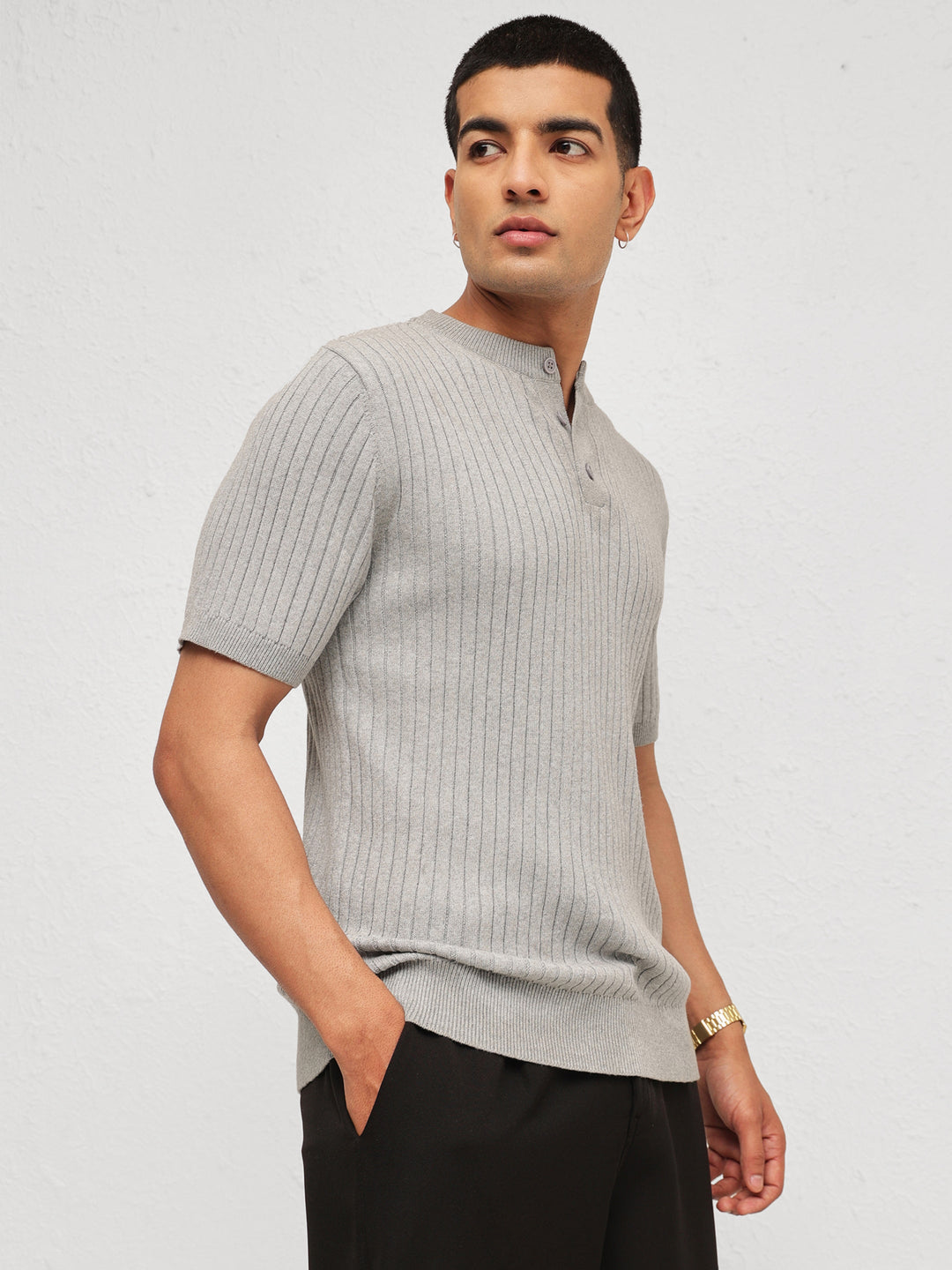 Men Grey Rib Relax Fit Henley T-Shirt
