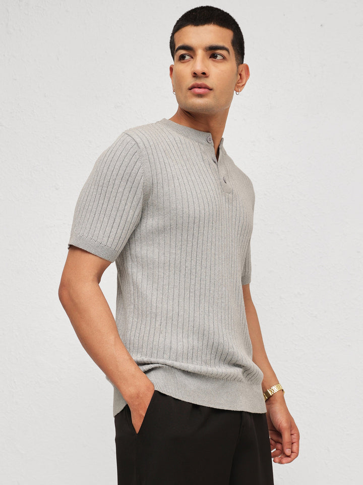 Men Grey Rib Relax Fit Henley T-Shirt