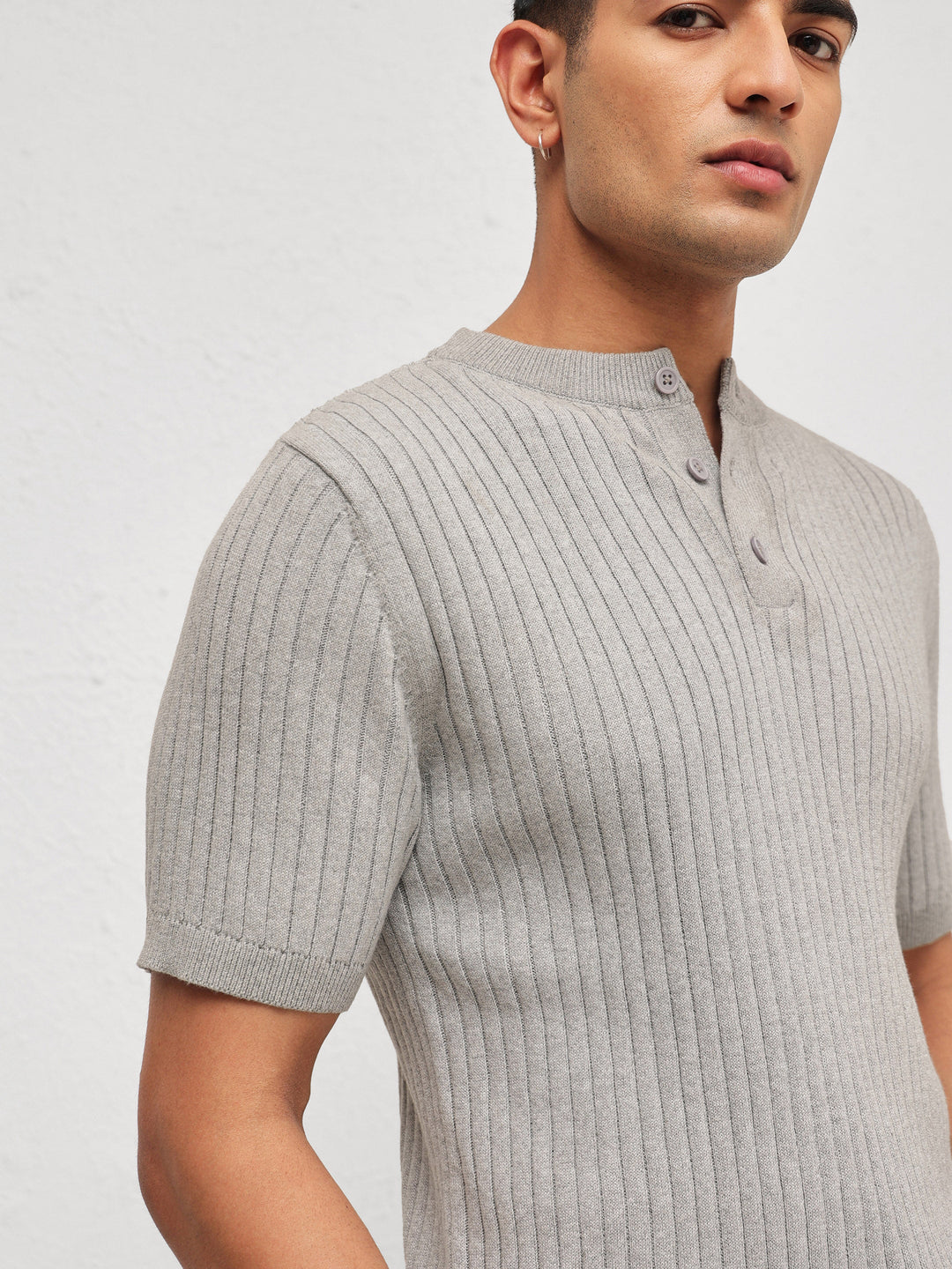 Men Grey Rib Relax Fit Henley T-Shirt