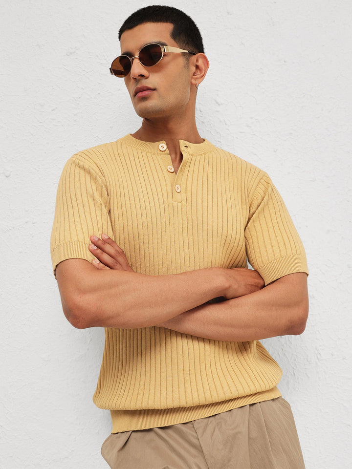Men Beige Rib Relax Fit Henley T-Shirt
