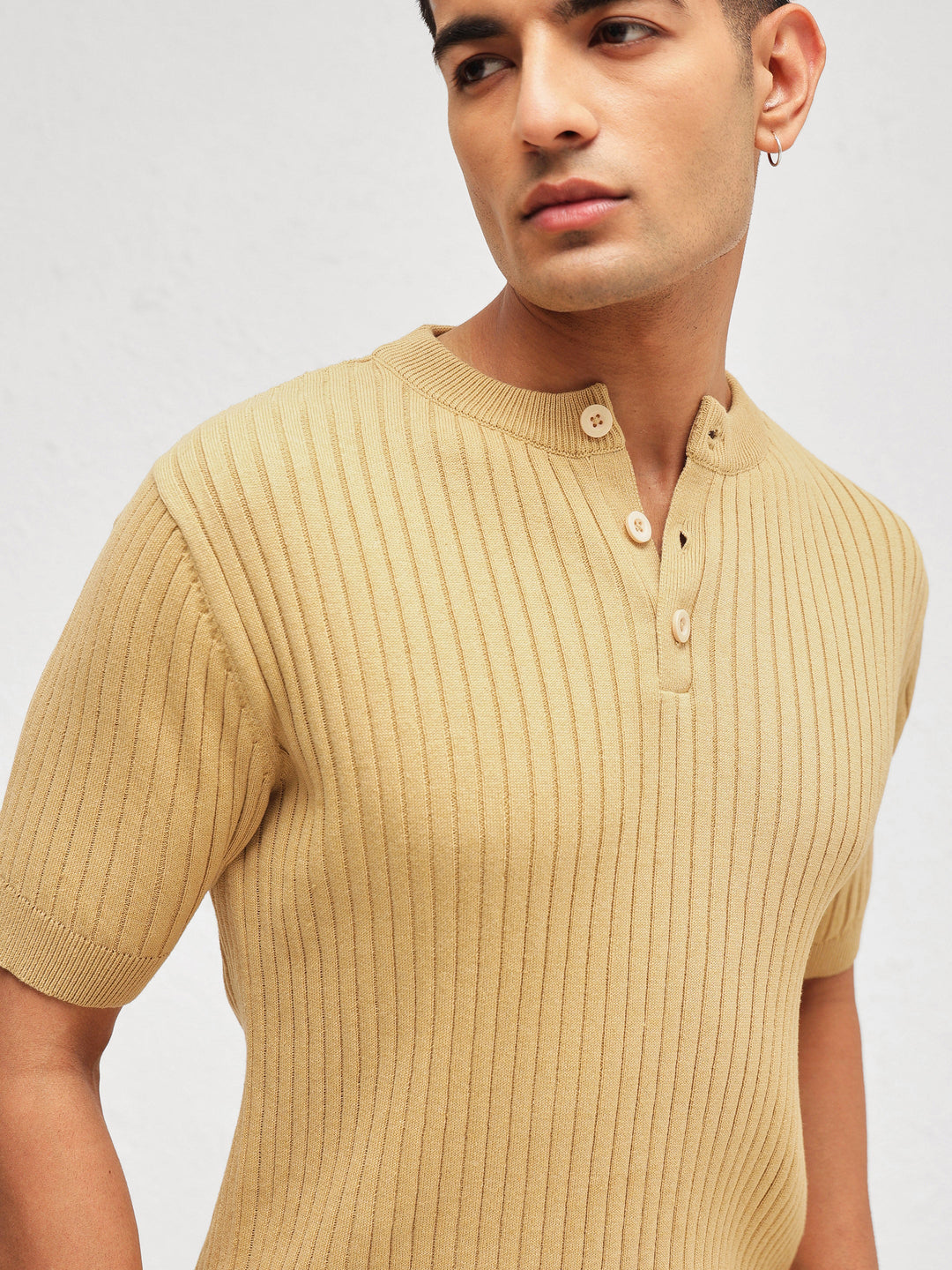 Men Beige Rib Relax Fit Henley T-Shirt