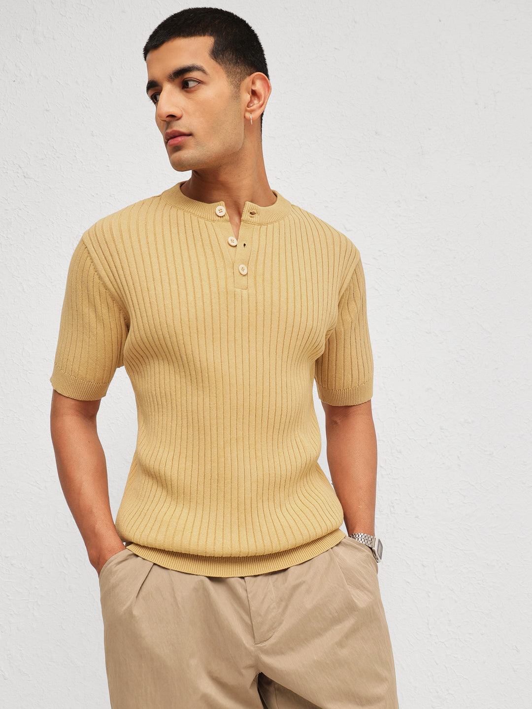 Men Beige Rib Relax Fit Henley T-Shirt