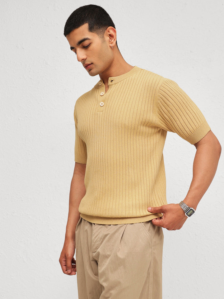 Men Beige Rib Relax Fit Henley T-Shirt
