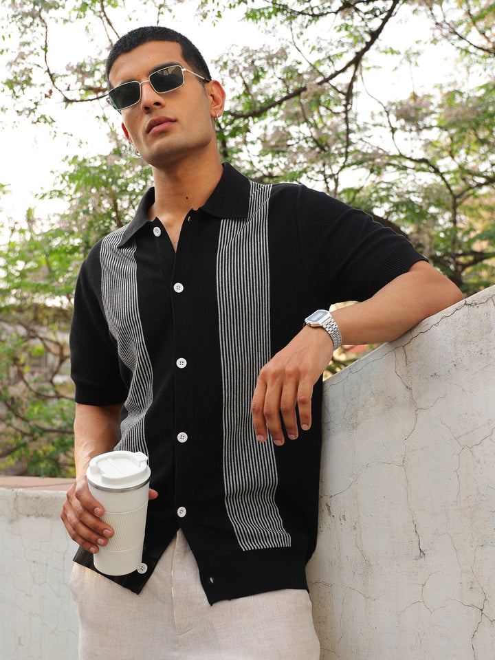Men Black &amp; Grey Front Button Open T-Shirt