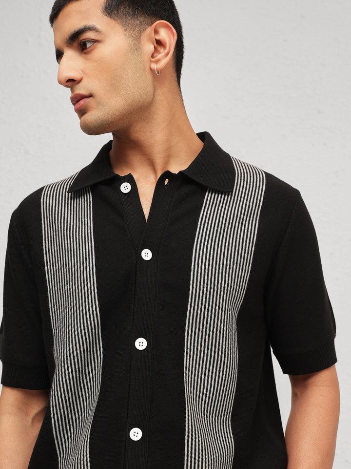 Men Black &amp; Grey Front Button Open T-Shirt