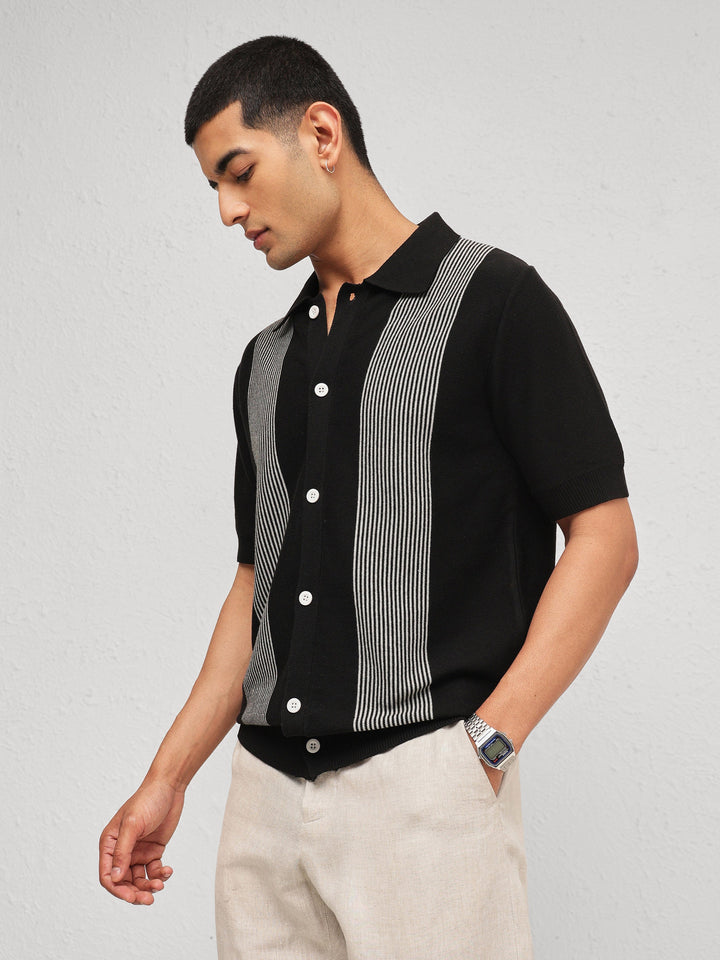 Men Black &amp; Grey Front Button Open T-Shirt