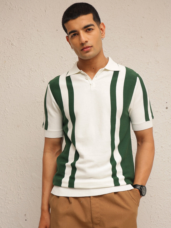 Men White &amp; Green Stripes Relax Fit Polo T-Shirt