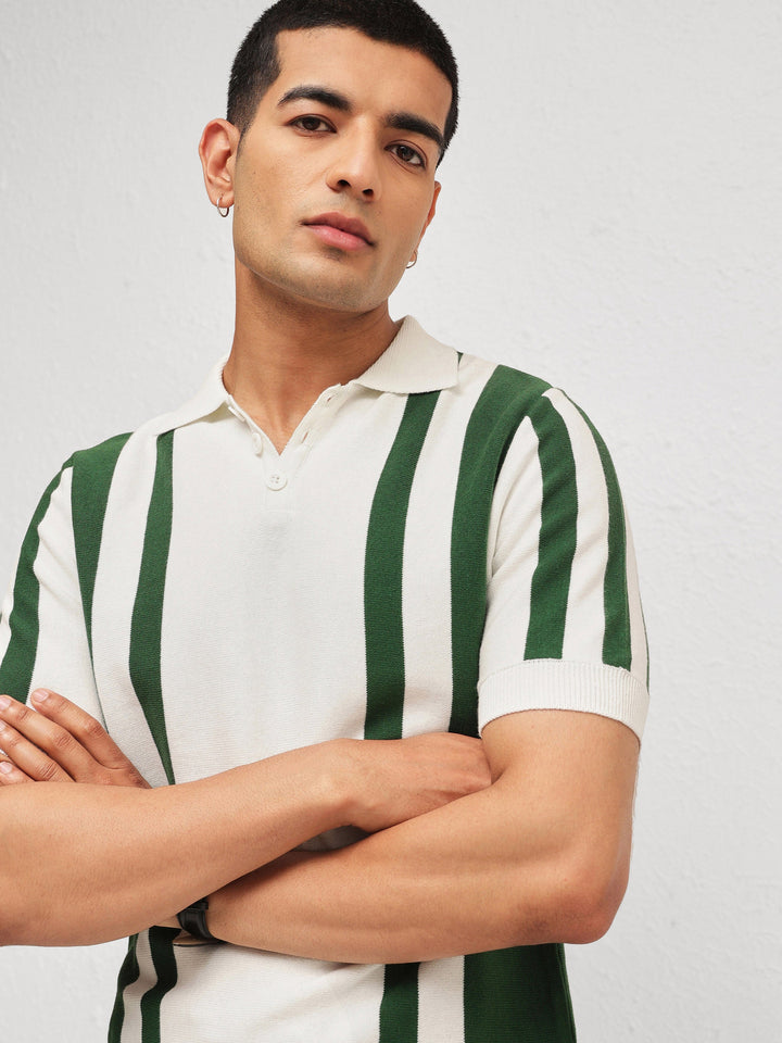 Men White &amp; Green Stripes Relax Fit Polo T-Shirt