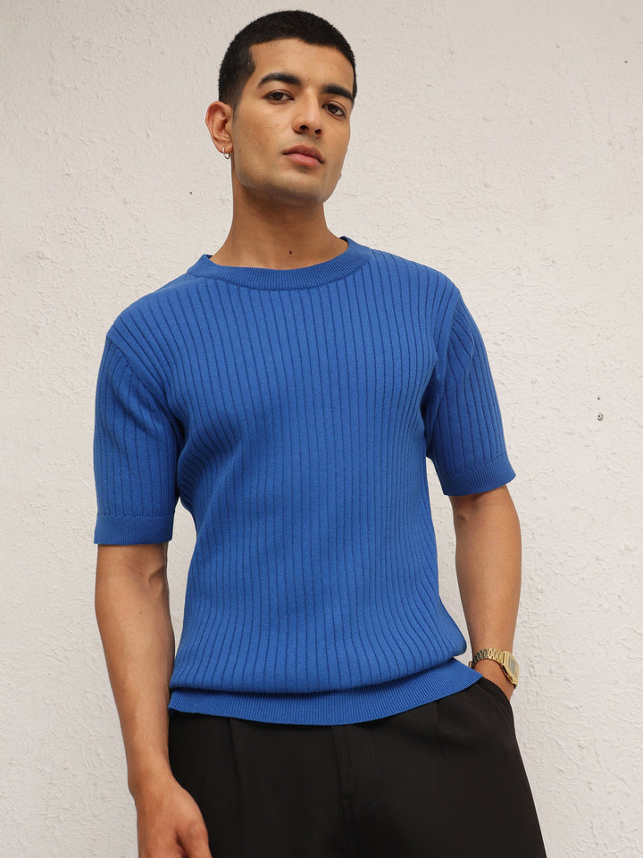 Men Blue Relax Fit Round Neck T-Shirt